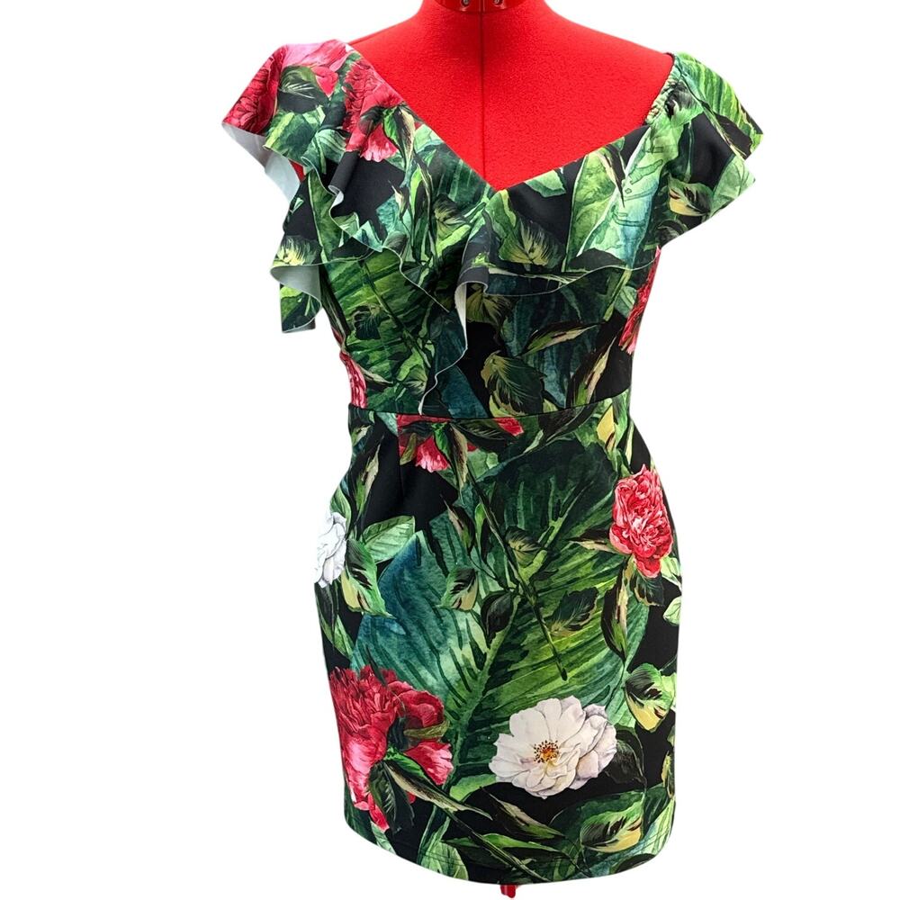 Alexia Admor Green Black Pink Floral Tropical Ruffle Bodycon Dress Women 10